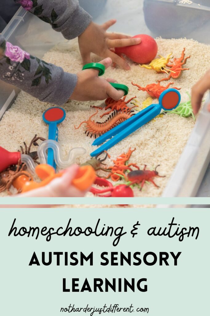 pin image with image of children playing in a sensory bin and a bold title that says "Autism Sensory Learning" 