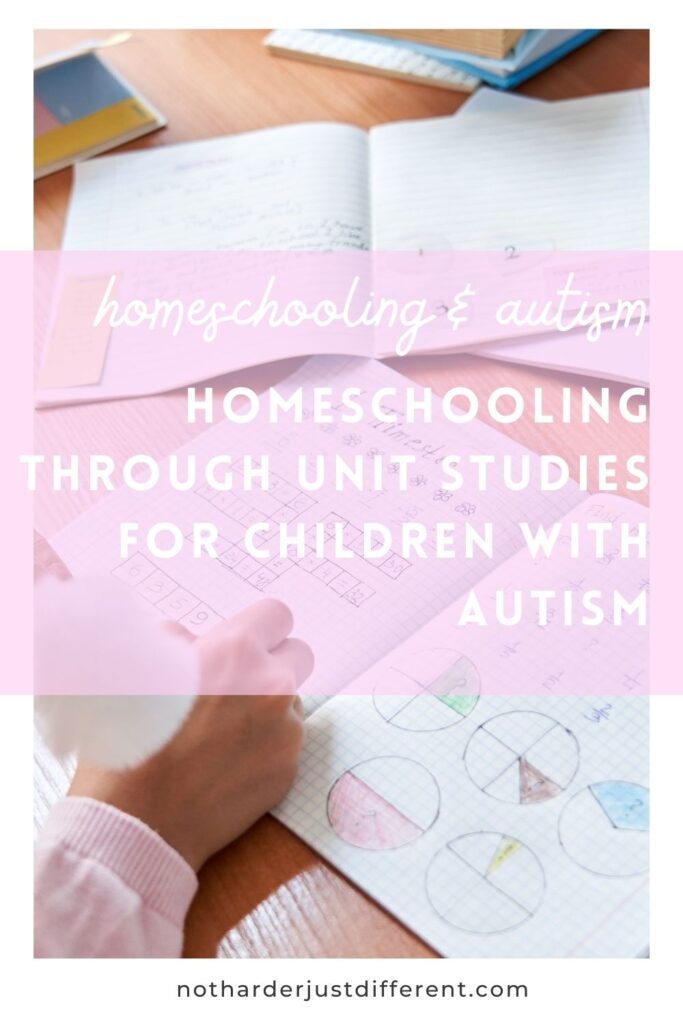 pin image with image and bold title that says "Homeschooling Through Unit Studies for Children with Autism "