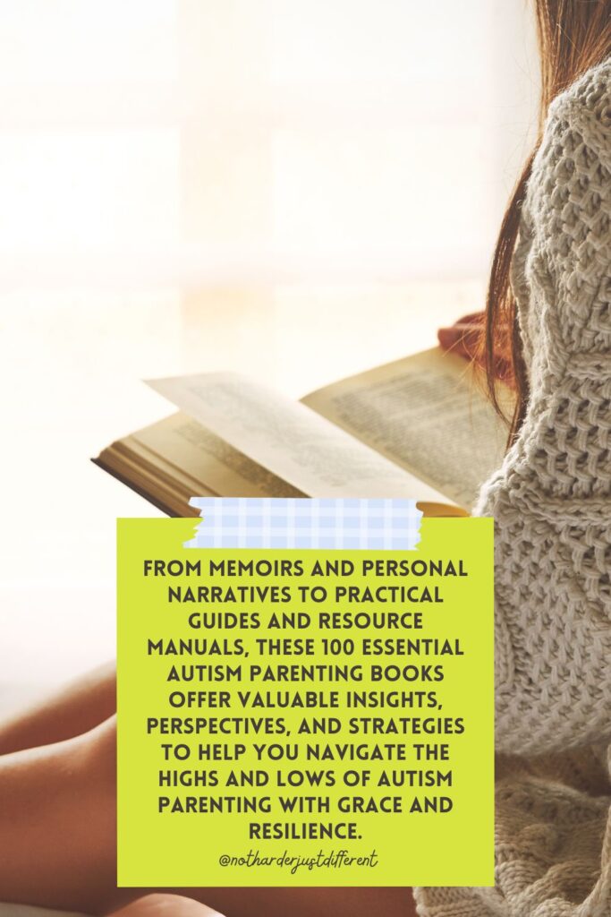 pin image with image of woman reading and a description of parenting books for autism