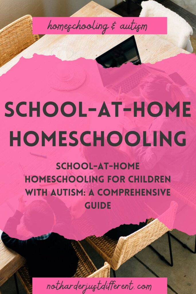 pin image with image and bold title that says "School-at-Home Homeschooling for Children with Autism: A Comprehensive Guide"